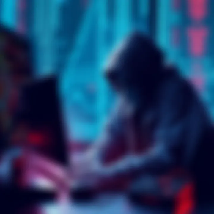 A visual representation of digital threats showing a shadowy figure with a computer and exposed data files, symbolizing online security risks.