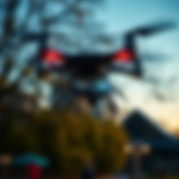 A drone flying above a park, playfully dropping a fake spider on unsuspecting people below.
