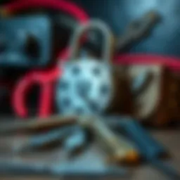 A set of thieves tools including picks and tension wrenches beside a lock, demonstrating lock picking techniques.