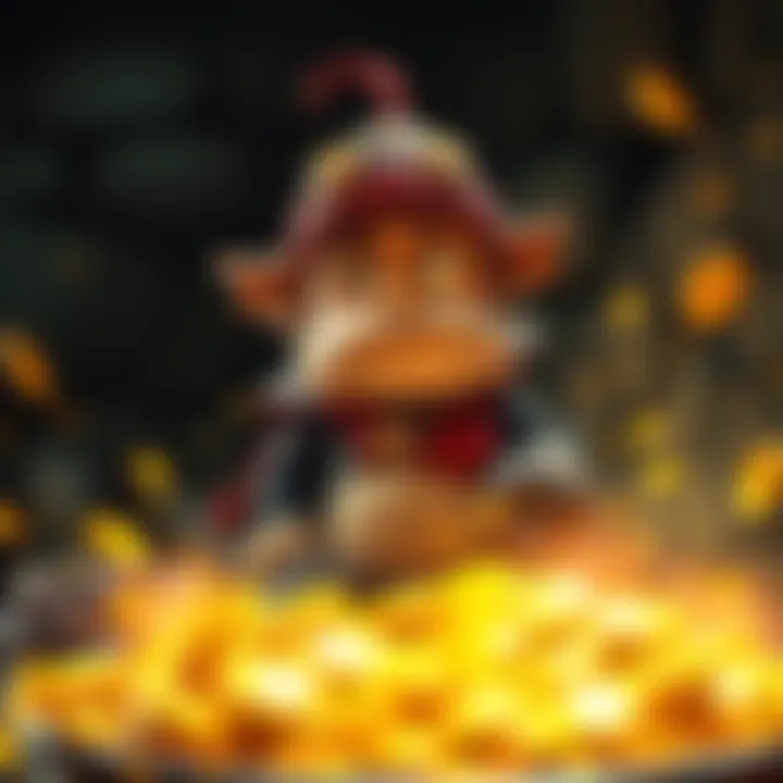 A character resembling a mischievous thief looking puzzled with a pouch of gold coins spilling out, surrounded by a smelting furnace.