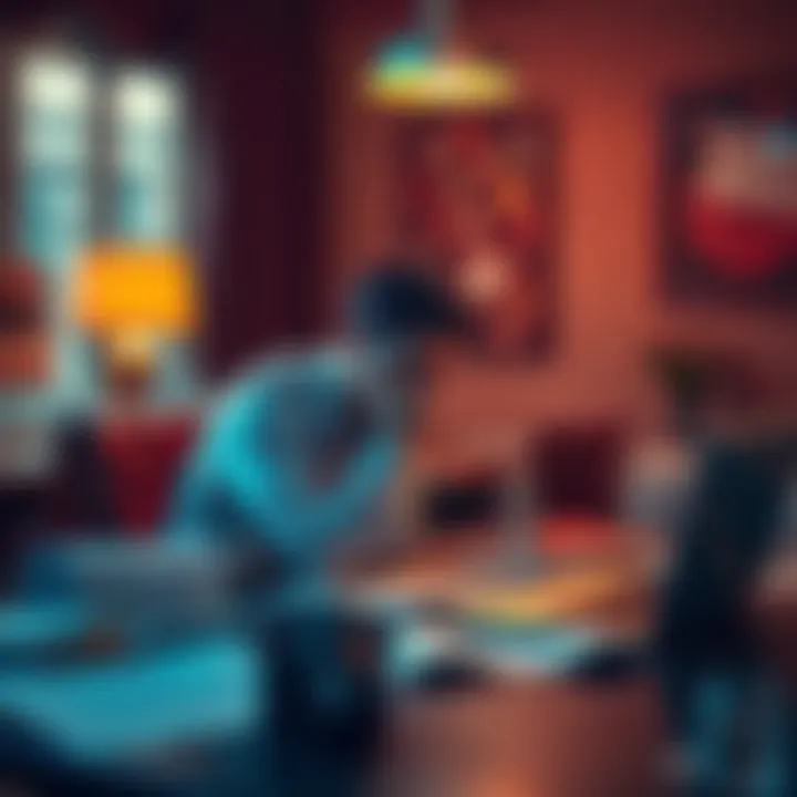 A person sitting at a table, deep in thought, weighing different options while papers and a laptop are scattered around them, representing decision-making in tough situations.