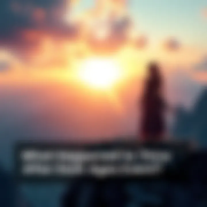Thira standing on a rocky cliff overlooking a sunset, with a glowing aura representing her connection to sentinel gods.