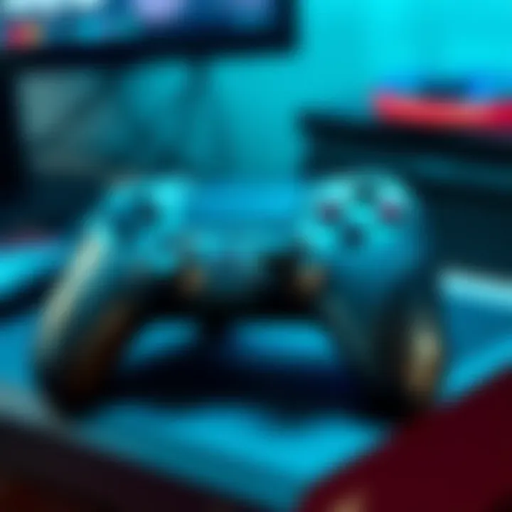 A close-up view of a third-party gaming controller with a sleek design and customizable buttons, placed on a gaming console setup.