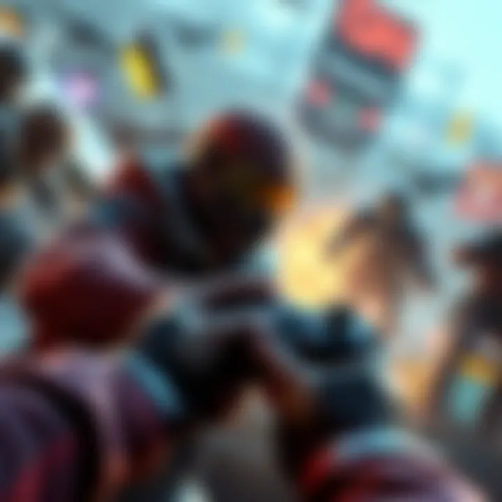 A player controlling a third-person character in an action-packed scene, showcasing character skins and dynamic gameplay.