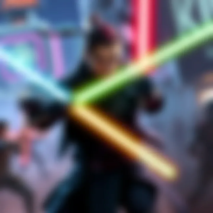 A character wielding a lightsaber in a dynamic third-person action scene, showcasing gameplay focus on movement and combat.