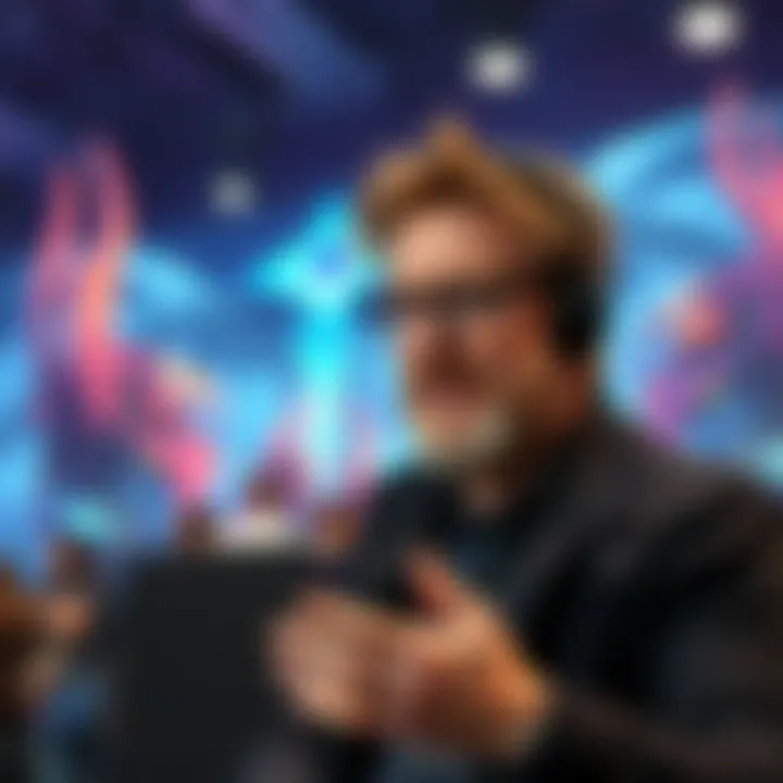 Thomas Mahler speaking at a gaming event about Ori 3 rumors, with a backdrop of Ori game characters.