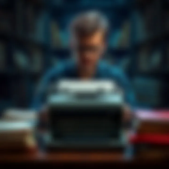 Thomas Zane sitting at a typewriter surrounded by his poetry books.