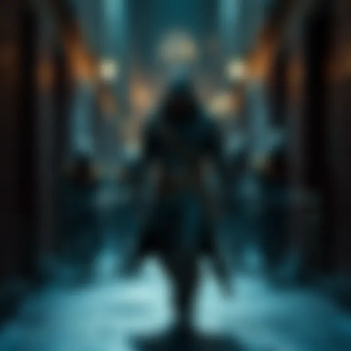Thomas stands at the forefront, guiding a group of assassins in a dark alley of Dunwall, highlighting themes of loyalty and survival.