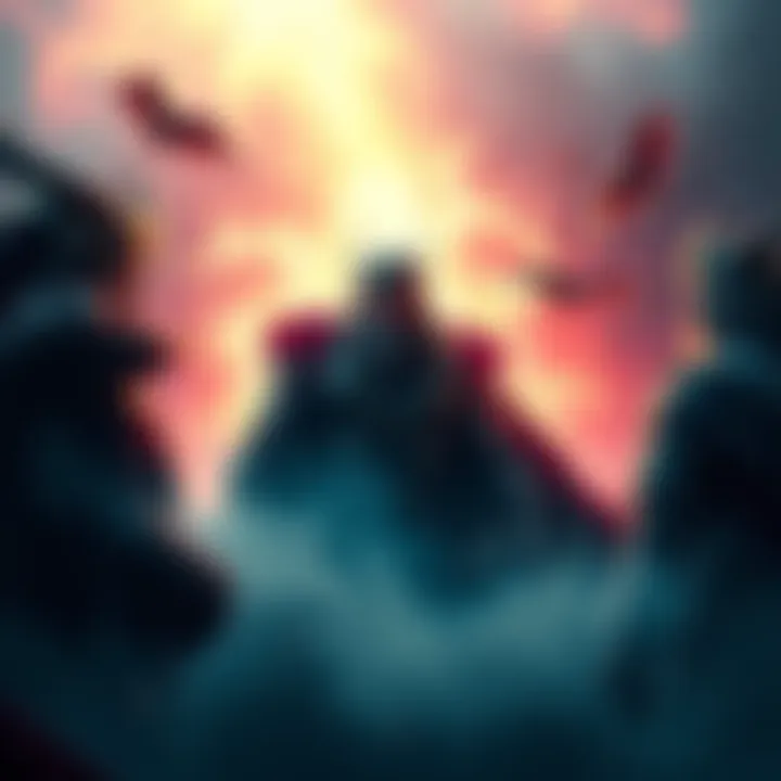 A depiction of Thor fading into mist while Magni, Modi, and Baldur stand watch, symbolizing divine power and narrative changes among gods.