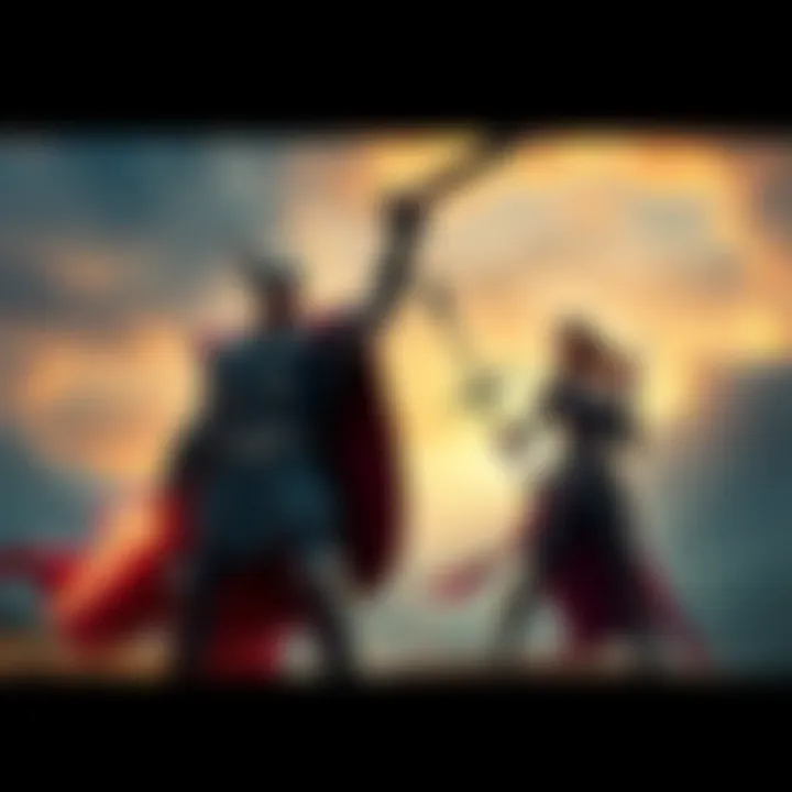 Thor and Faye stand ready for an epic fight, showcasing their powerful stances in a dramatic landscape.