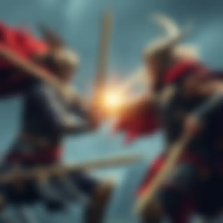 Thor and Heimdall clashing swords in a fierce battle without the Drupnir, showcasing their strength and strategy.
