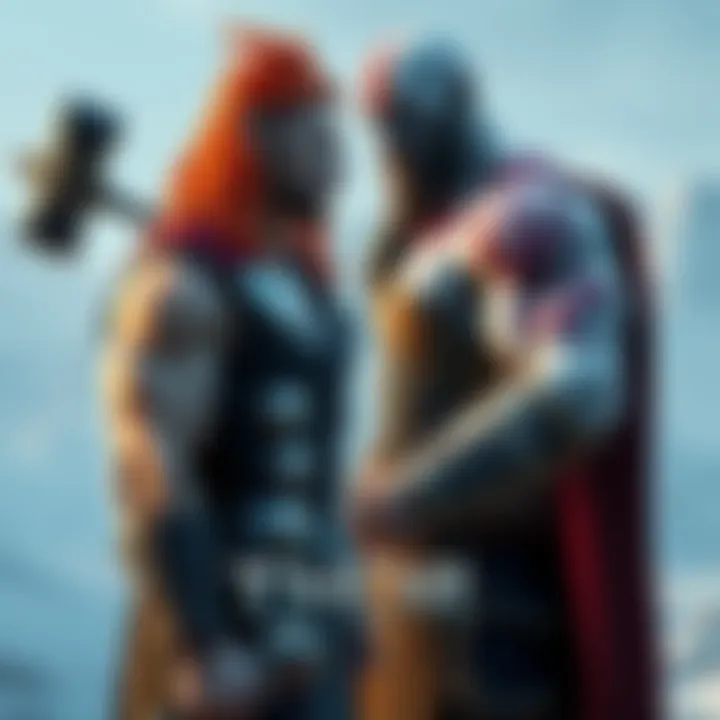 Thor, a muscular figure with red hair and a hammer, stands face to face with Kratos, a tall warrior with white skin and a red tattoo, in a snowy landscape. Both characters show tension as they prepare for a fight.
