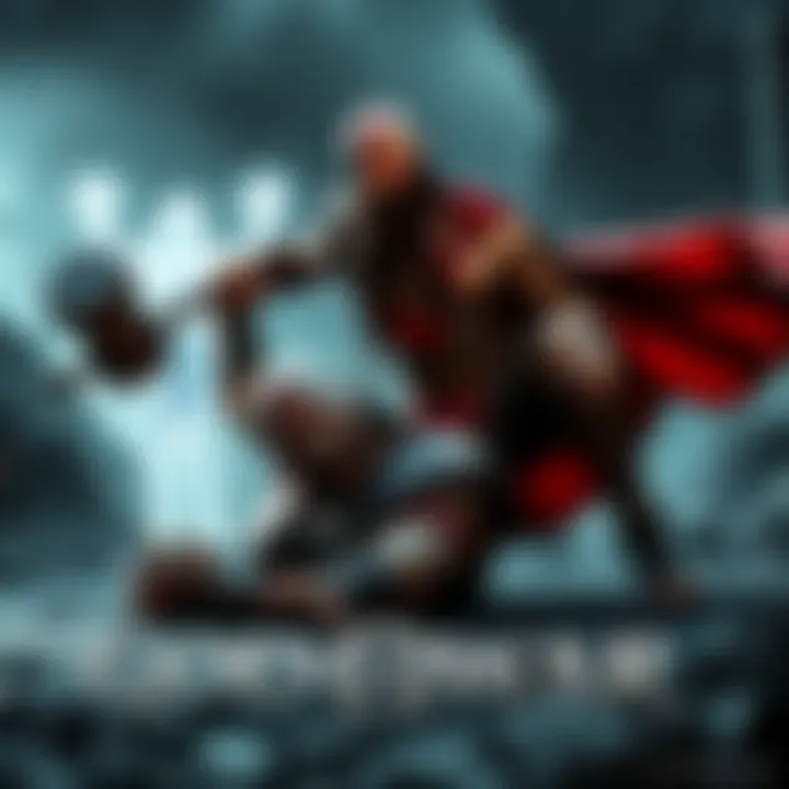 In a dramatic scene, Thor swings his hammer, hitting Kratos, who falls to the ground, while a glowing figure of Faye appears in the background.