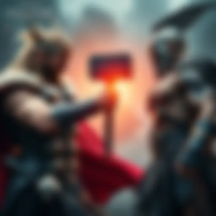 A depiction of Thor wielding his hammer against Kratos, showcasing their intense rivalry and strength in a dramatic battle scene.