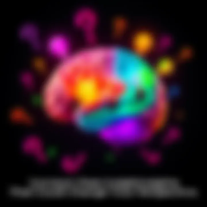 Thought-Provoking Ideas A brain with colorful light bulbs representing new ideas and insights, surrounded by question marks.