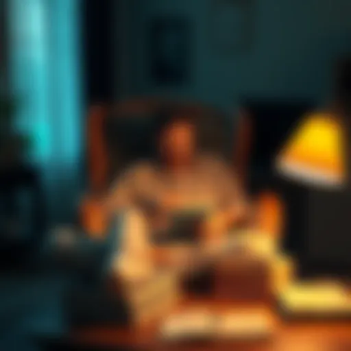 A person sitting in a cozy chair, contemplating deep ideas with a notebook and pen, surrounded by books on a table.