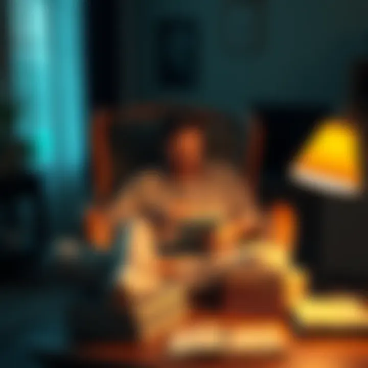 A person sitting in a cozy chair, contemplating deep ideas with a notebook and pen, surrounded by books on a table.