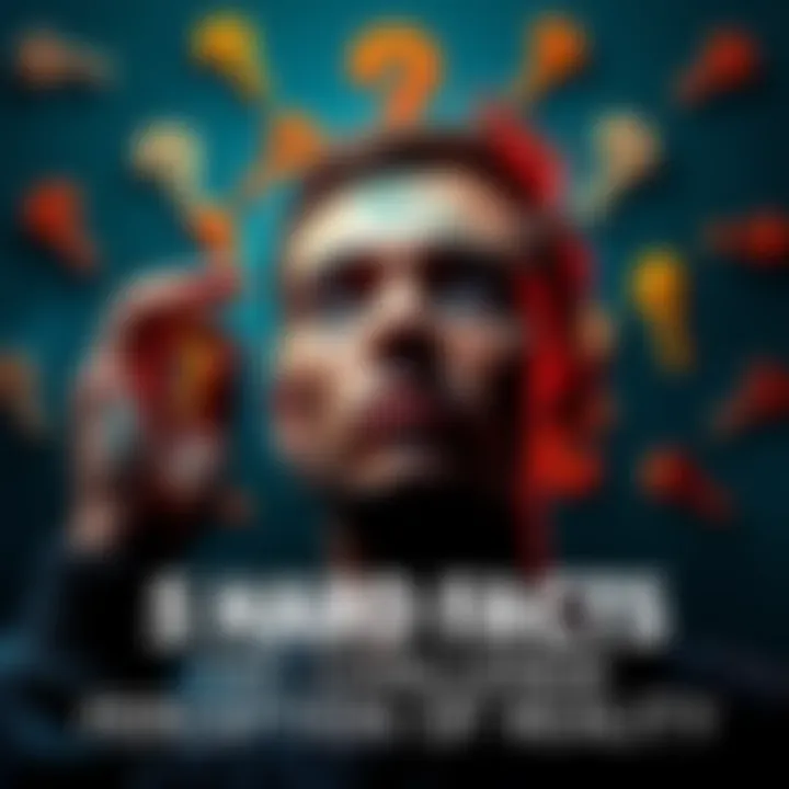 A person looking thoughtfully at a globe surrounded by question marks, symbolizing challenging perceptions of reality