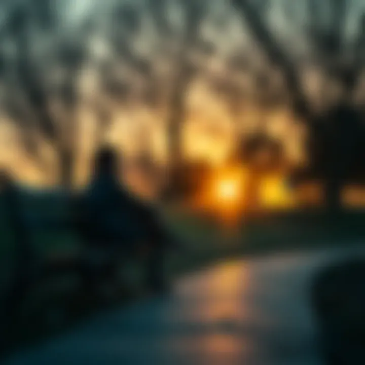A person with a pensive expression sits alone on a park bench, surrounded by trees, reflecting on their feelings of disappointment and hope, with a soft sunset in the background.