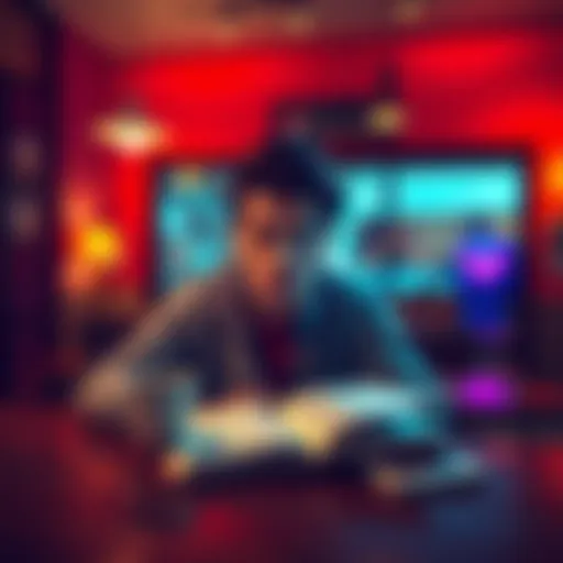 A person sitting at a table with a coffee, looking thoughtfully at a notebook filled with notes about commitments and decisions, with a lighthearted expression.