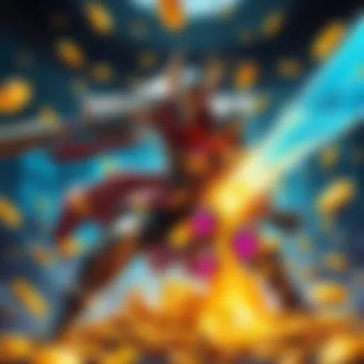 Thraex character striking an enemy hero, surrounded by gold coins appearing from the impact
