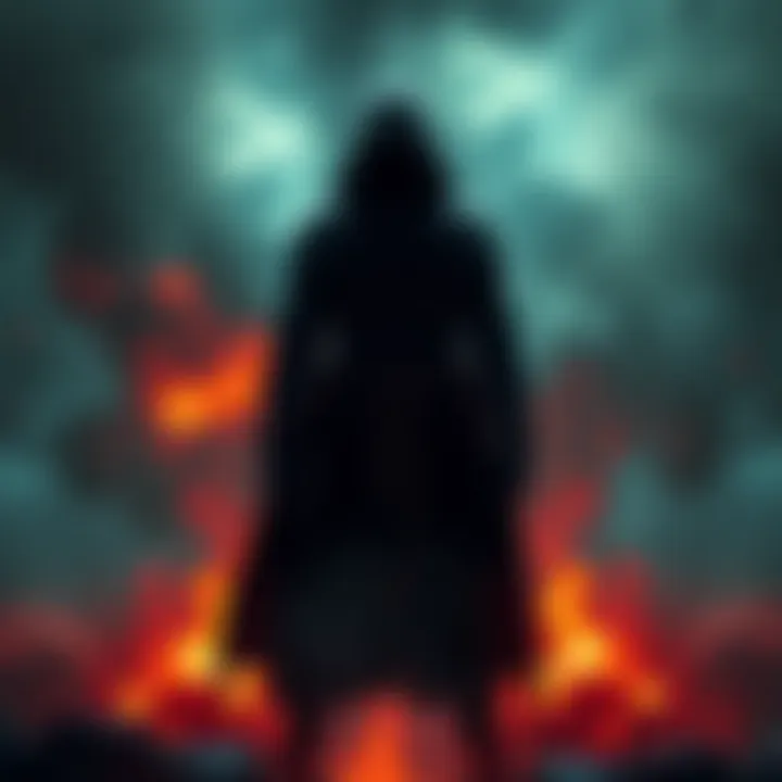 A dark figure stands ominously against a backdrop of chaos, symbolizing conflict and unrest in society