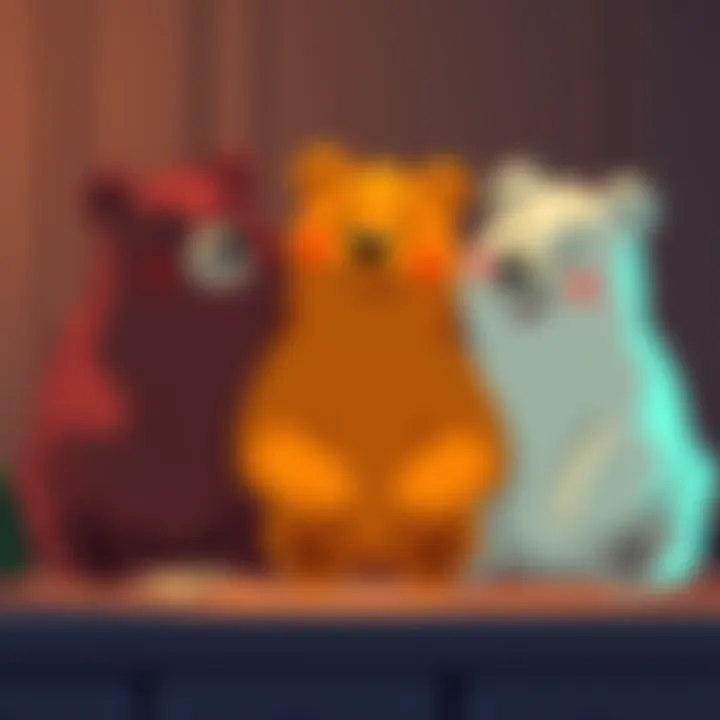 Three cartoon bears sitting together and smiling, enjoying each other's company in a friendly setting
