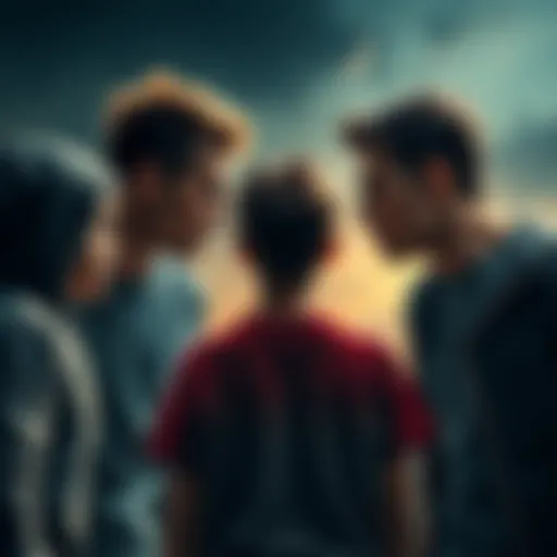 Three bullies facing a serious confrontation with one person standing defiantly against them