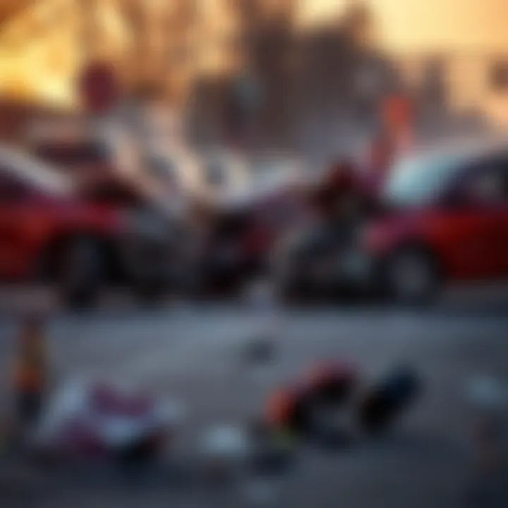 Scene showing the wreckage of three cars involved in a crash, with debris scattered on the road and bystanders looking on.