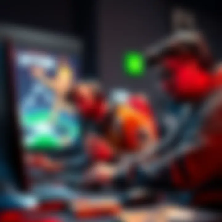 Three players strategizing in B4B A trio of gamers discussing deck strategies in a virtual B4B environment, focused and engaged in gameplay.