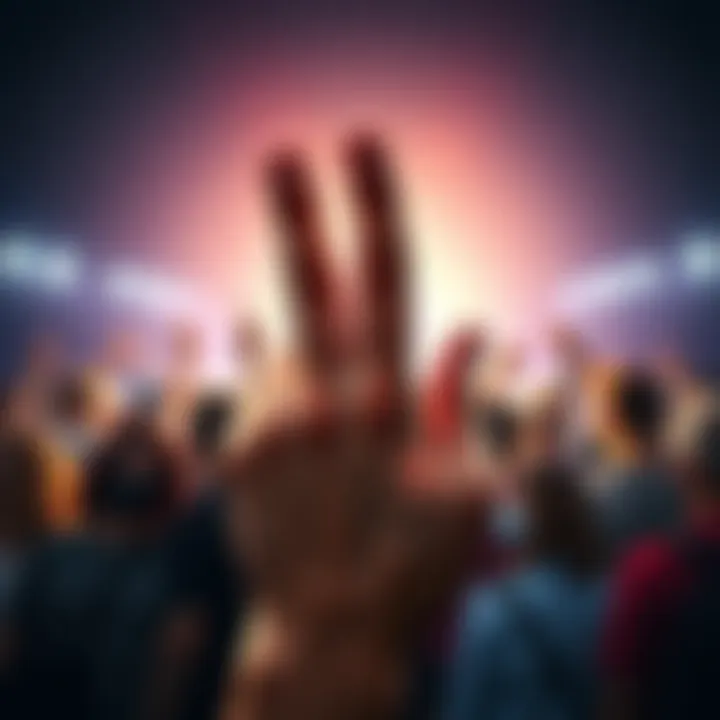 Symbol of Three Fingers Three fingers raised in a gesture representing solidarity, with a diverse group of people in the background.