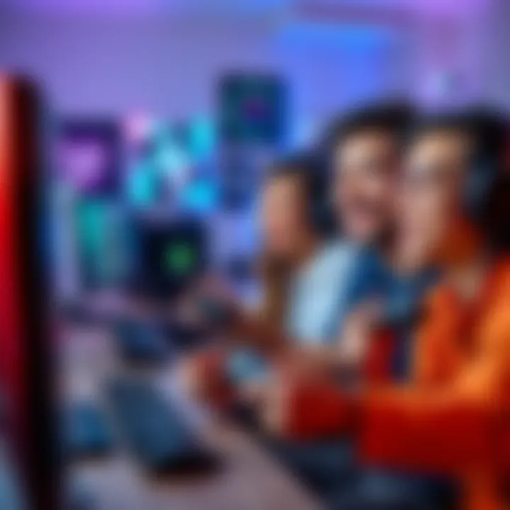 Three friends gaming together on PC Three friends playing local co-op games on a computer, smiling and enjoying the experience, with game controllers in hand.