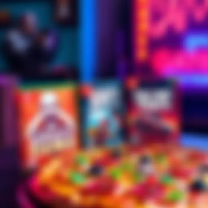 A colorful graphic featuring three popular video game boxes alongside a pizza with various toppings, symbolizing a fun giveaway event.