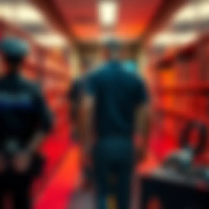 Three men in handcuffs being escorted by police in front of a library, with PlayStation games visible nearby.