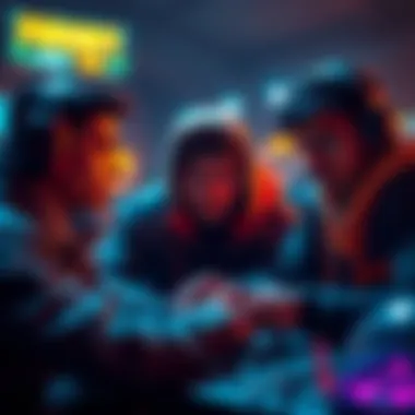 Three players complete challenges Three players focused and playing a game, tackling challenges quickly in an intense moment