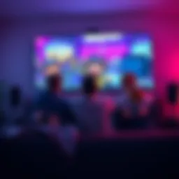 Three people sitting on a couch, each with a game controller, excitedly playing a cooperative video game on a large screen.