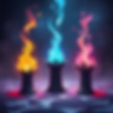 An artistic representation showing three distinct magical spells with similar designs. Each spell glows with unique colors in a mystical environment.