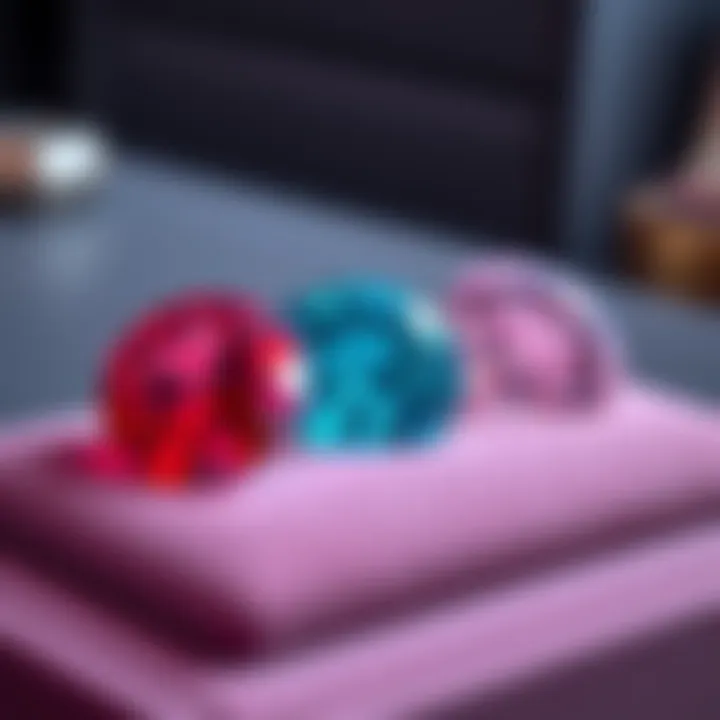 A close-up view of three stunning gems, each showcasing its unique colors and cuts, arranged neatly on a velvet display.