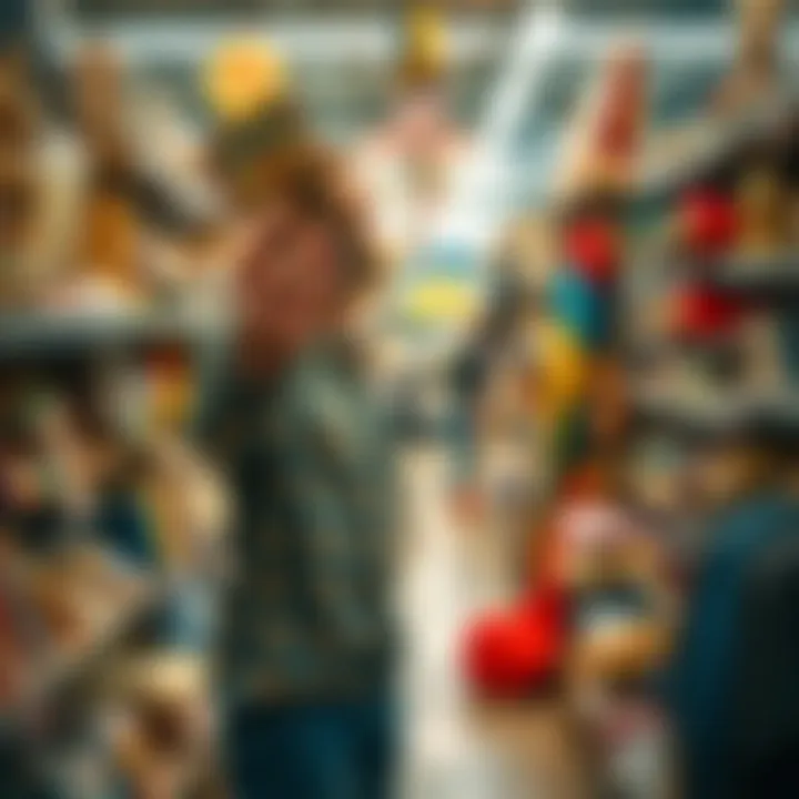 A person holding a vintage item with excitement in a thrift store, surrounded by various unique finds on the shelves.