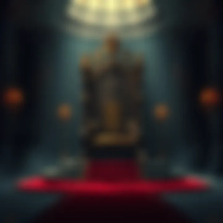 A majestic throne set in a grand hall, symbolizing power and leadership, surrounded by shadows that hint at ambition and aspiration.