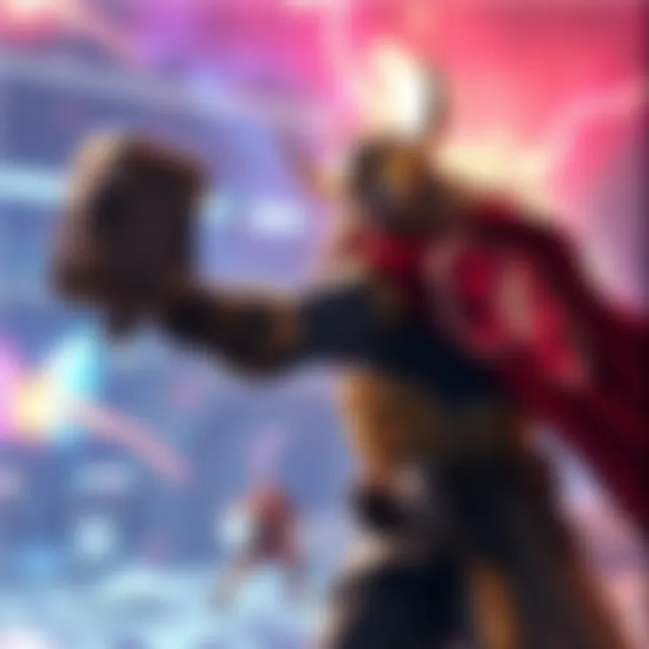 A character in a video game throws Mjolnir, the mythical hammer, in a vibrant gaming environment on PS4.