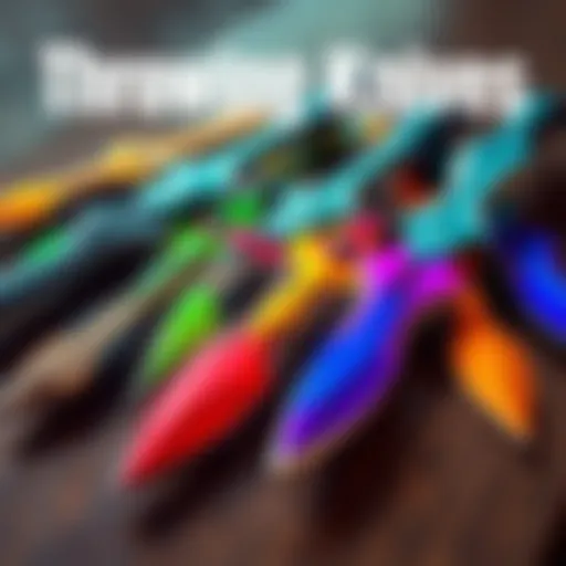 Close-up of colorful throwing knives featuring unique card skins arranged on a wooden surface