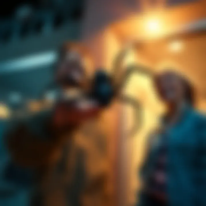 A person playfully throwing a toy spider at another person, both laughing