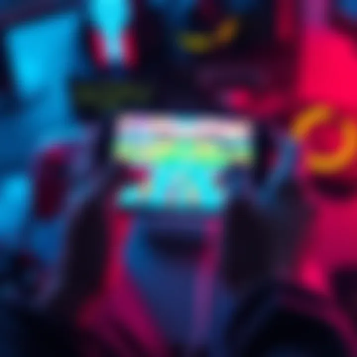 A person using their thumbs to play a video game on a mobile device, surrounded by gaming gear.