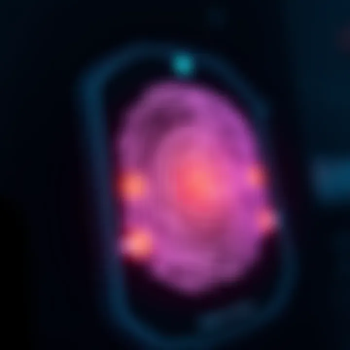A close-up of a thumbprint scanner with glowing indicators showing interaction options.
