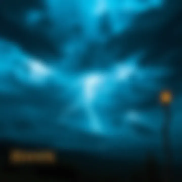 A dark sky filled with storm clouds above a mystical landscape in Haven, with flashes of lightning illuminating the scene.