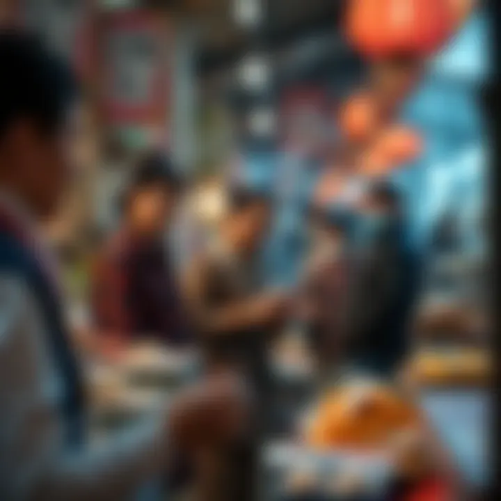 Tian Wen engaging with customers at a market, displaying her products and discussing purchasing options.