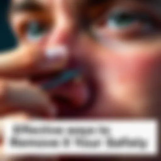 Individual gently extracting a tick from facial skin with tweezers