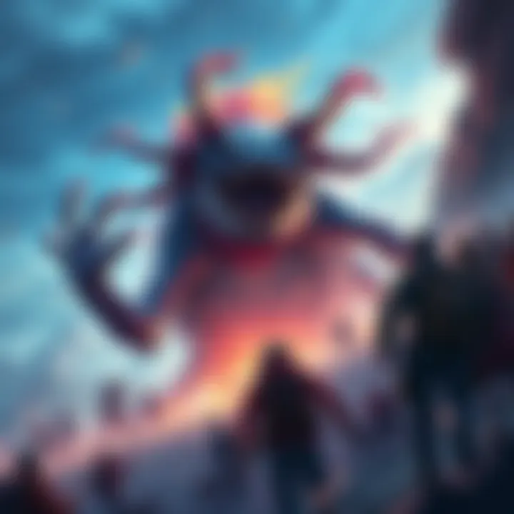 Tidehunter Farewell A digital art piece showing Tidehunter, a large sea creature with vibrant colors, fading into the background as players discuss strategies around him.