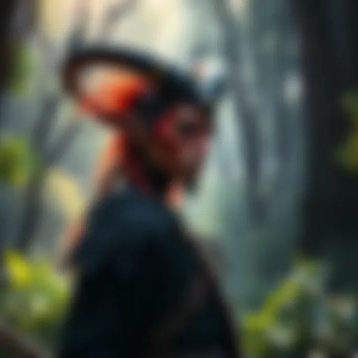 Tiefling Character in Fantasy Setting A Tiefling with pointed horns, colorful skin, and Wood Elf features stands in a lush forest, contemplating character alignments.